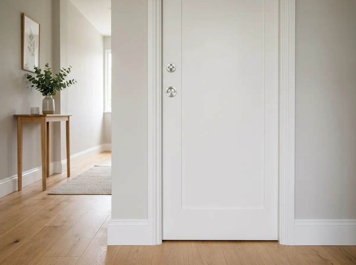 A modern space saving pocket door sliding seamlessly into the internal wall cavity