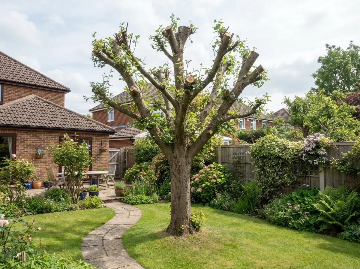 A tree that has been severely pruned back to the main trunk via pollarding