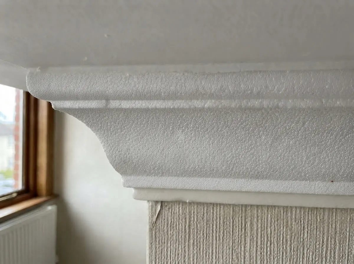 Cheap white polystyrene coving showing slight foam texture