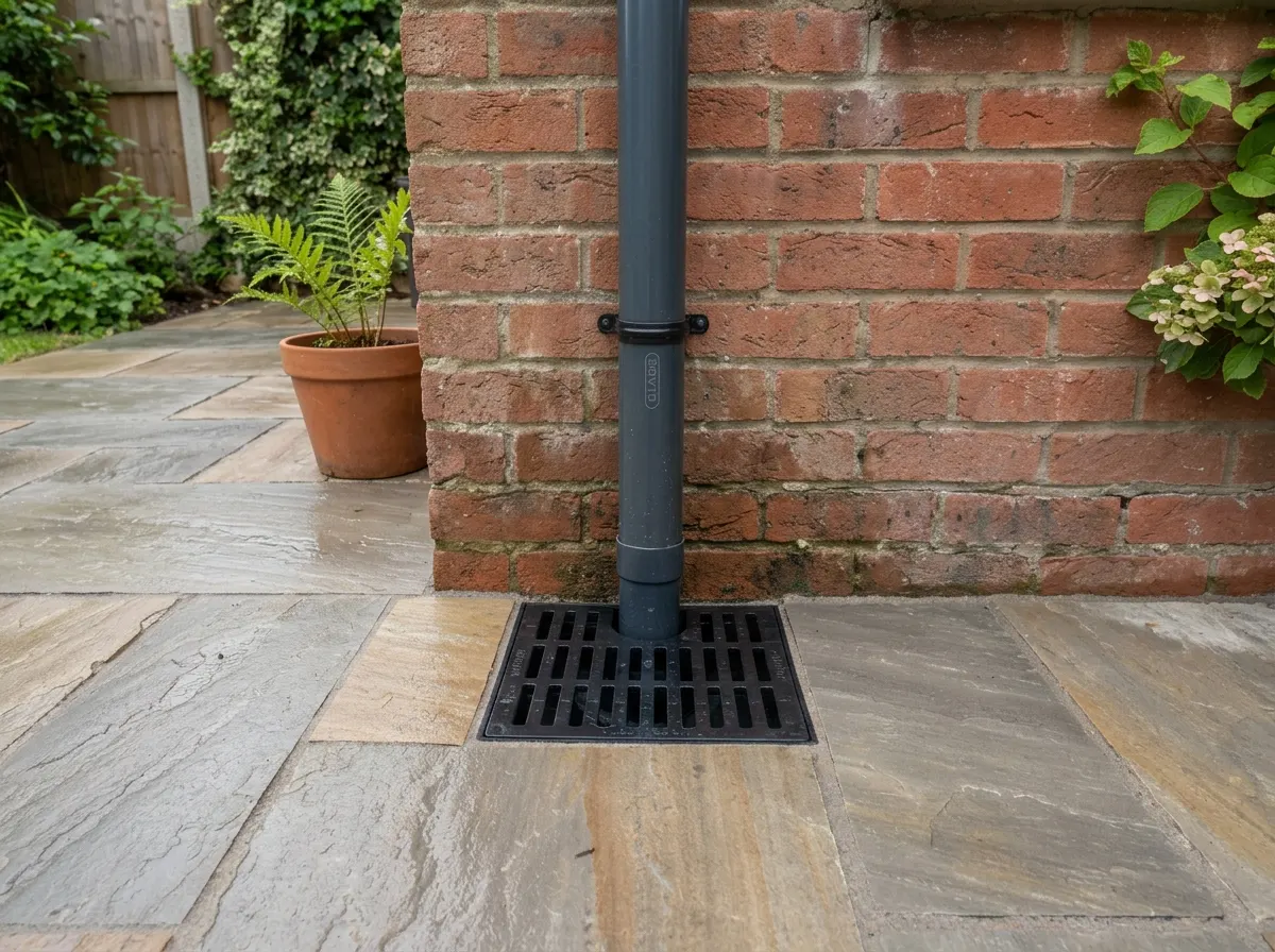 A black plastic rainwater gully with a grid catching water from a roof downpipe