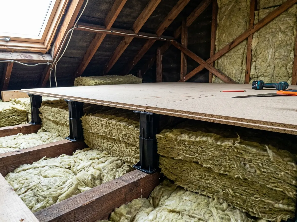 Plastic loft legs lifting timber boards above thick mineral wool insulation
