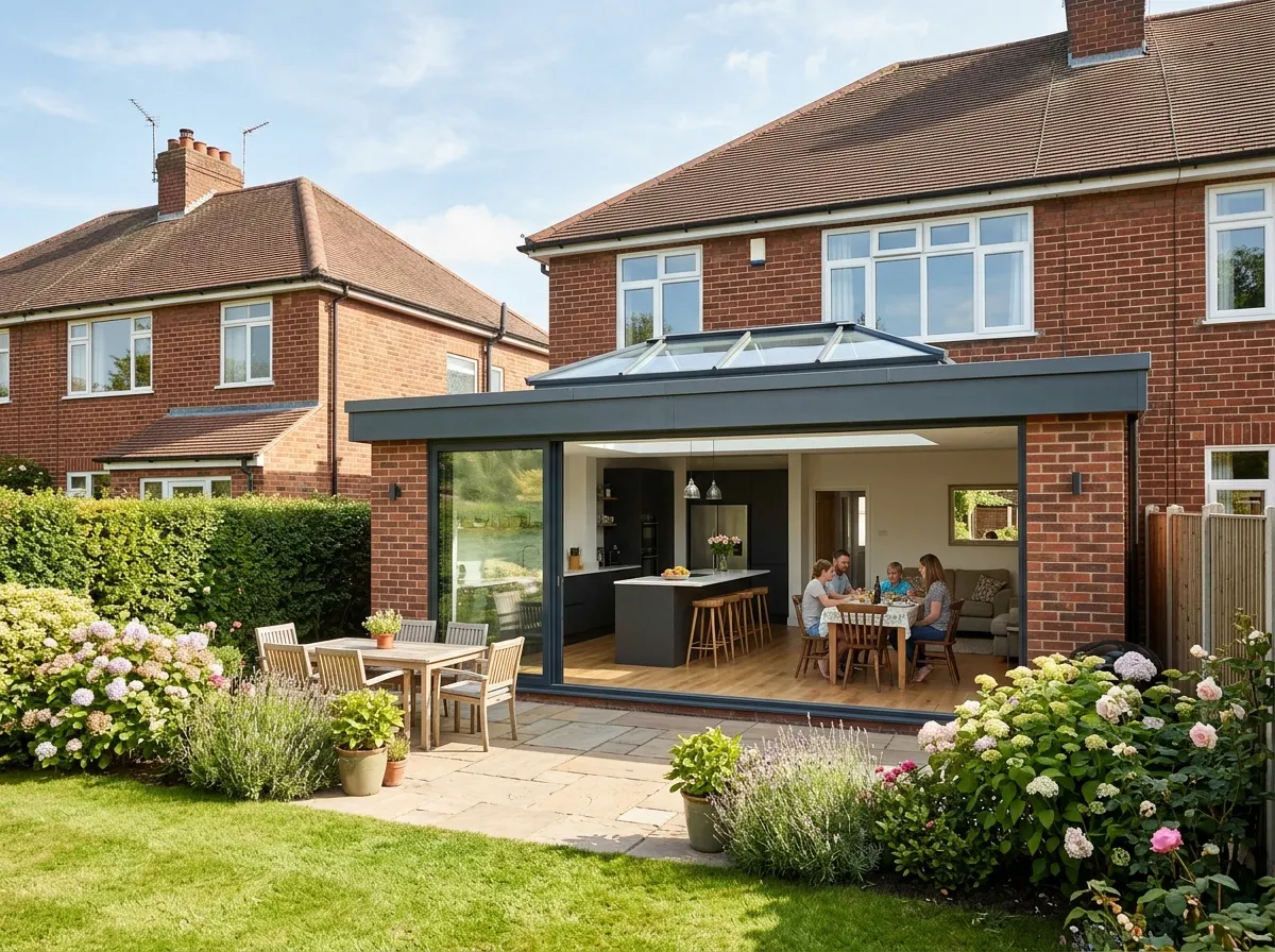 A modern single storey rear extension extending into the back garden