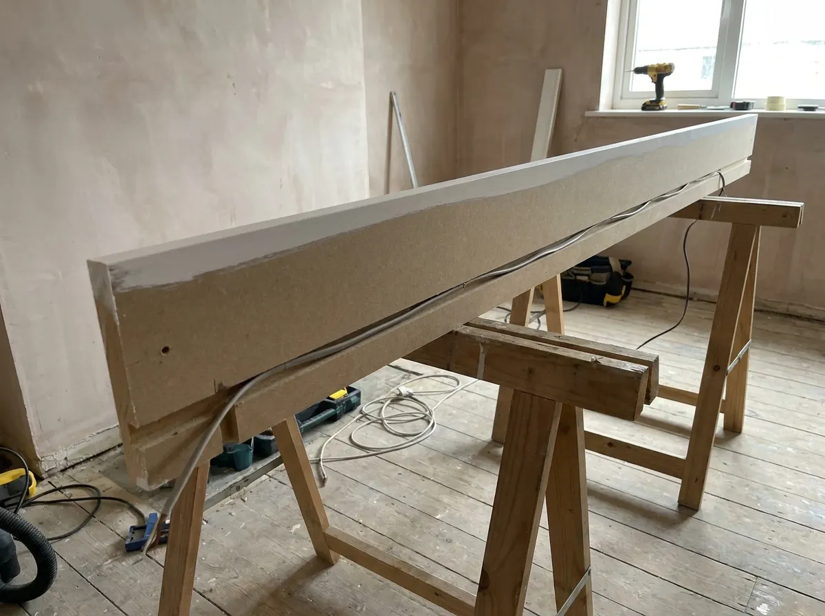 The rear of a skirting board showing a recessed groove routed out to hide television and speaker cables