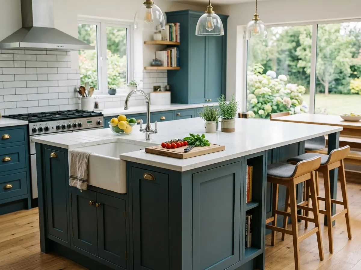 A classic straight rectangular kitchen island with a white marble top