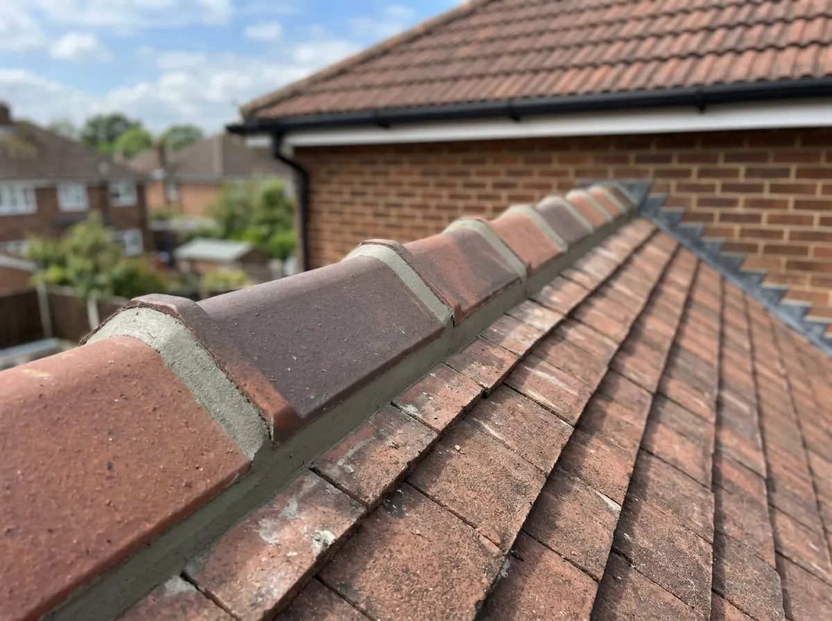 Roofer applying fresh cement mortar beadwork to the ridge tiles at the apex of a roof