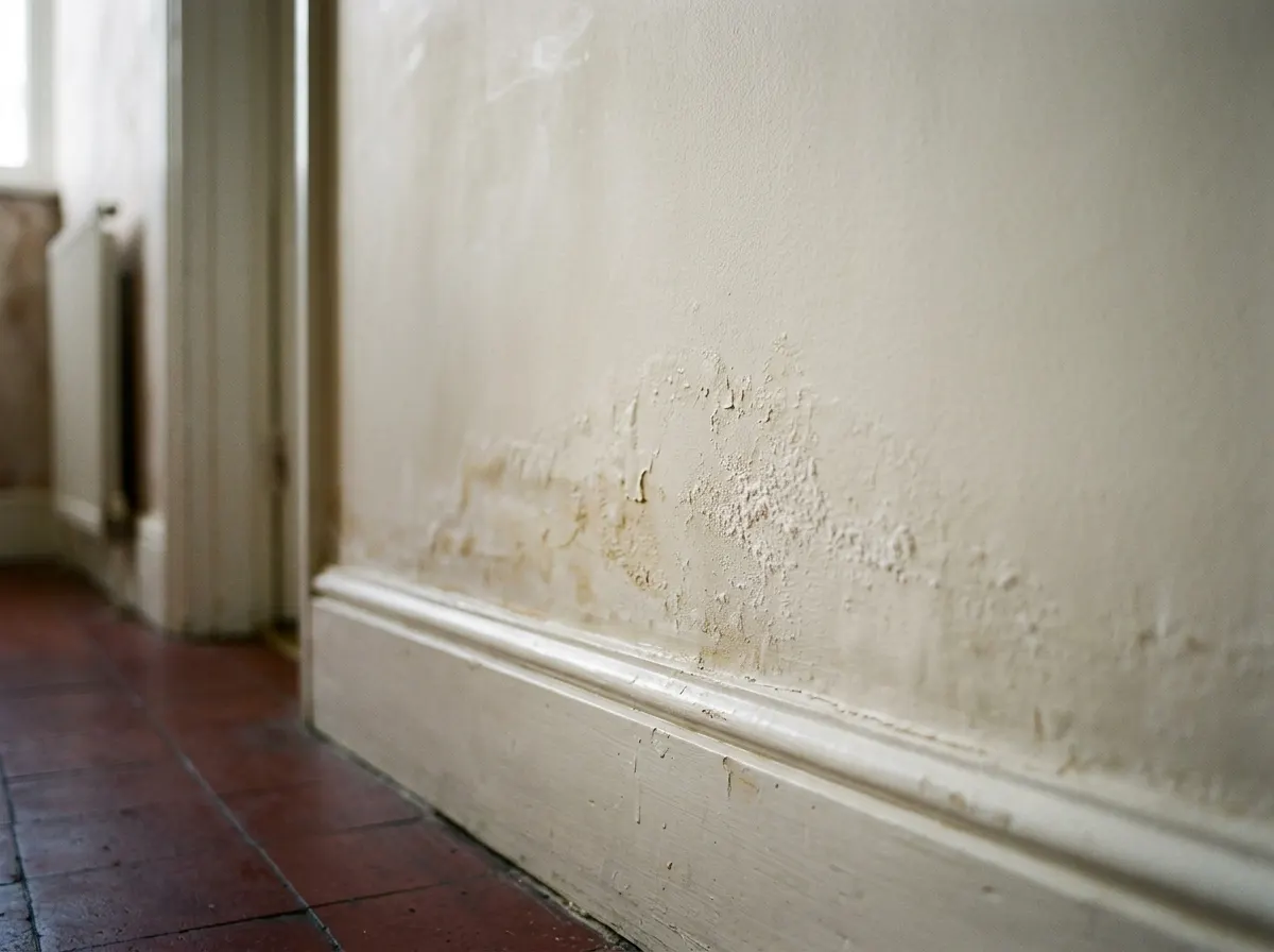 Rising damp showing a clear brown tide mark and white salt efflorescence above the skirting board