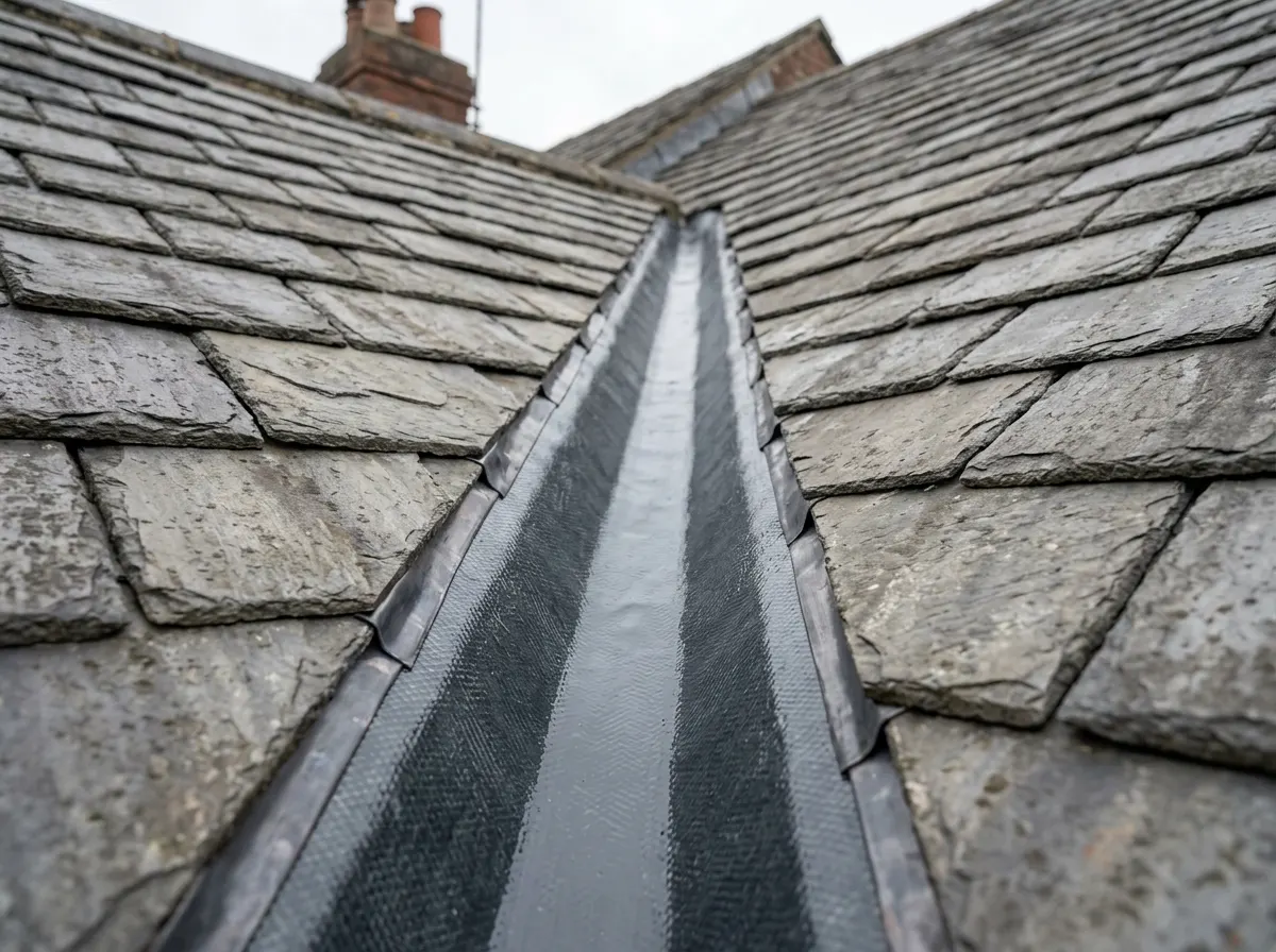A newly laid fibreglass roof valley trough channeling water between two intersecting pitched roofs