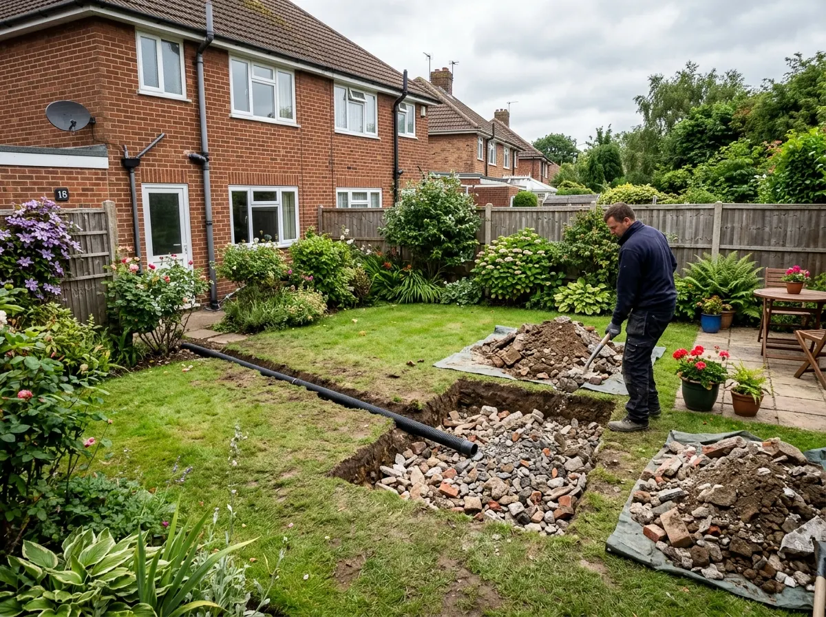 A traditional soakaway pit in a garden being filled with broken bricks and hardcore rubble