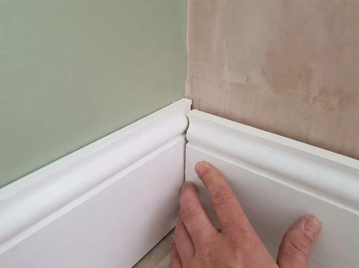 A carpenter cutting a coped scribed joint on the profile of a skirting board using a coping saw