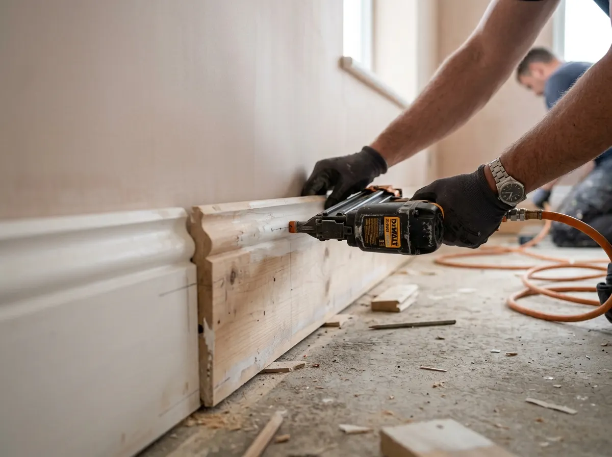 Carpenter fitting skirting boards and architrave