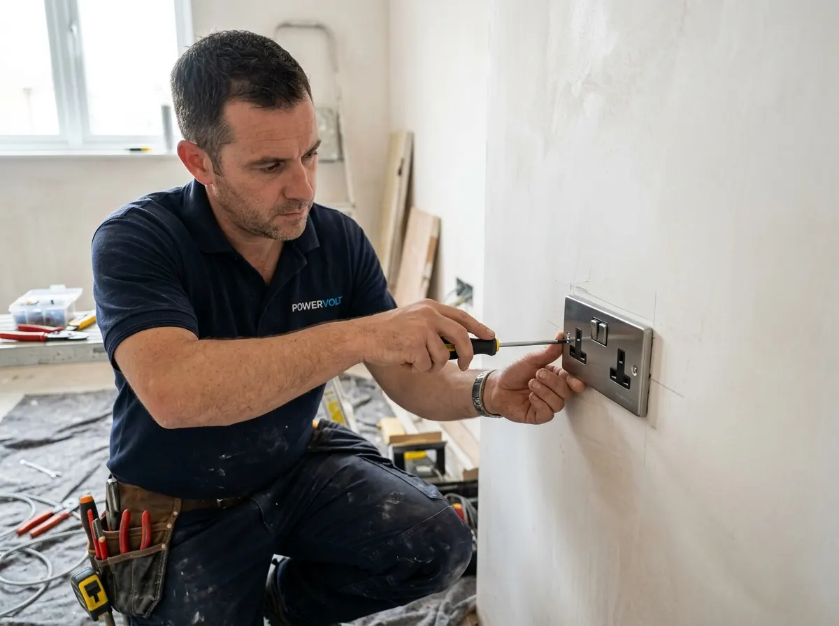 Electrician screwing a sleek brushed steel socket faceplate onto a freshly plastered wall during Second Fix