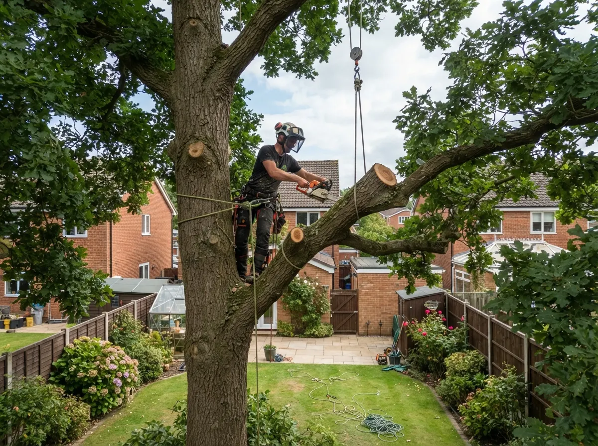 Tree surgeon using ropes to safely lower a heavy branch during sectional dismantling