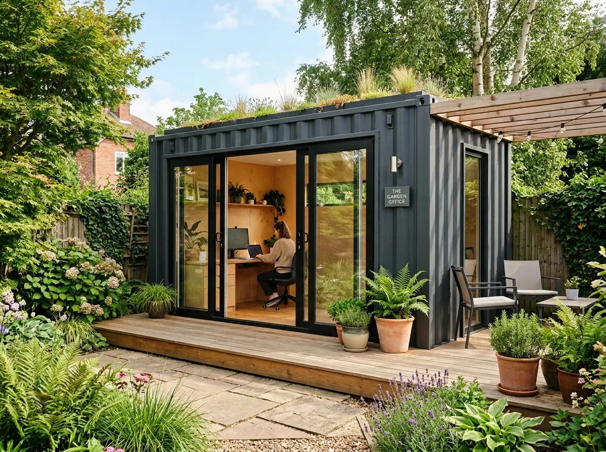 A repurposed steel shipping container converted into a modern garden office with sliding glass doors