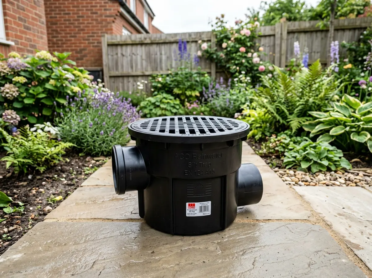 A plastic underground silt trap installed before a soakaway to catch debris