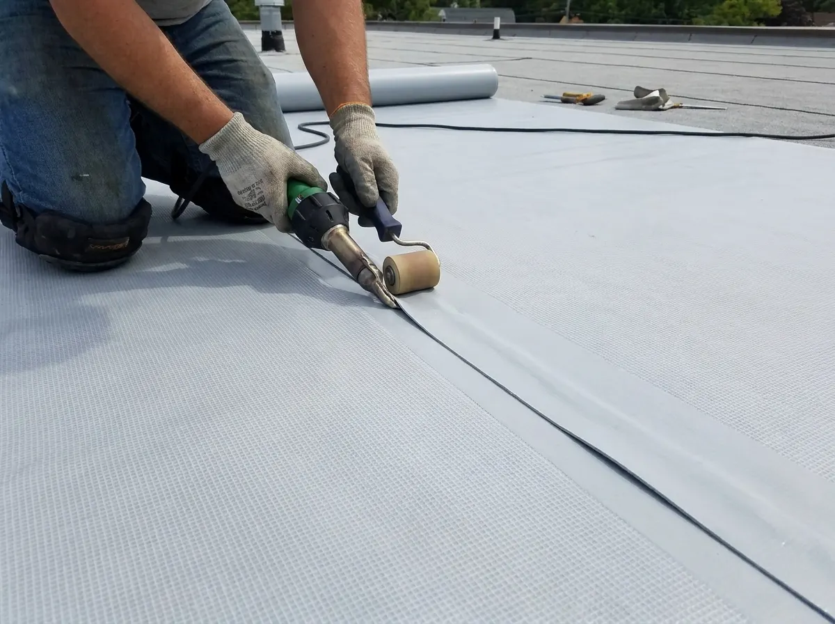 Commercial grade single ply light grey membrane with heat welded seams