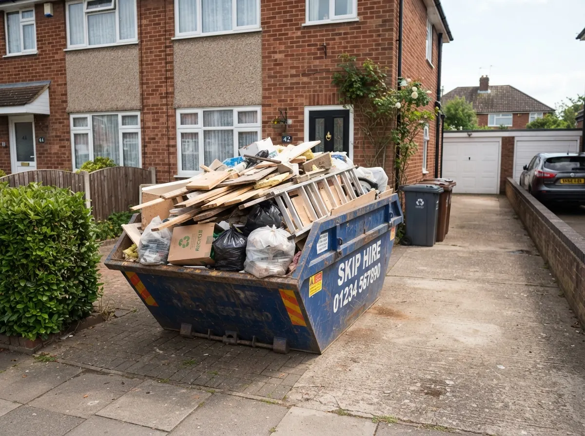 A standard 6 yard yellow builders skip placed safely on a domestic driveway