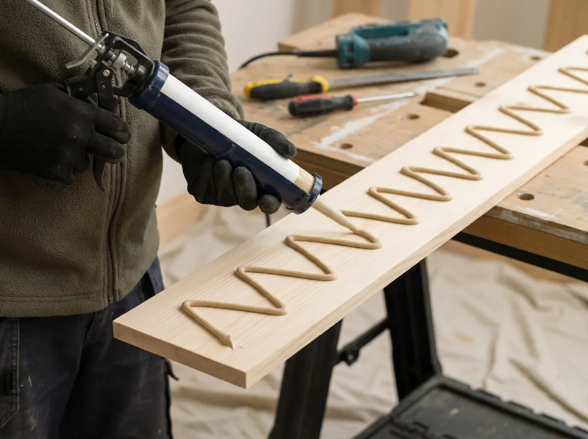 Applying high grab polymer adhesive in zig-zag beads to the rear of a skirting board
