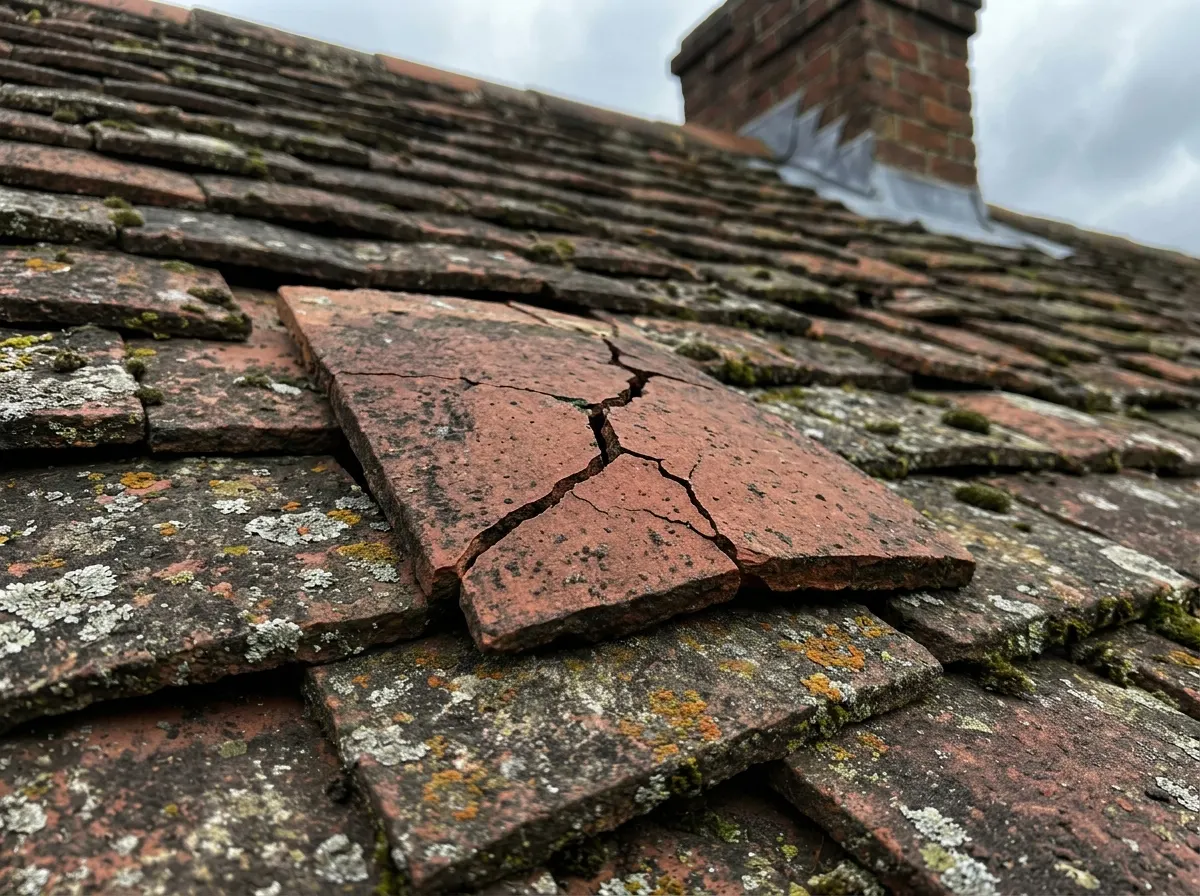 Looking up from the street to see a visibly slipped and crooked concrete roof tile
