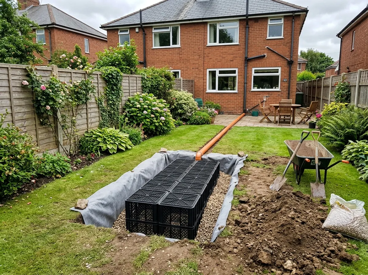 High capacity plastic attenuation soakaway crates wrapped in protective white geotextile membrane being lowered into a hole