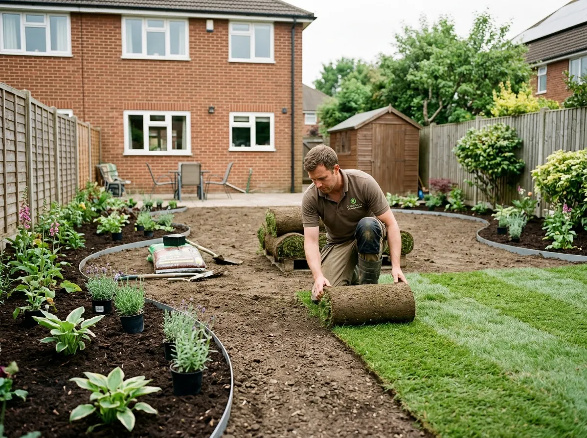 Fresh turf being laid next to newly planted flower beds