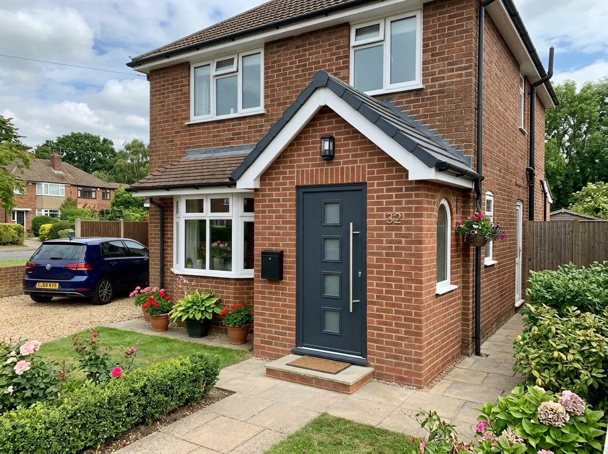 A full height solid brick porch with a small window and pitched roof