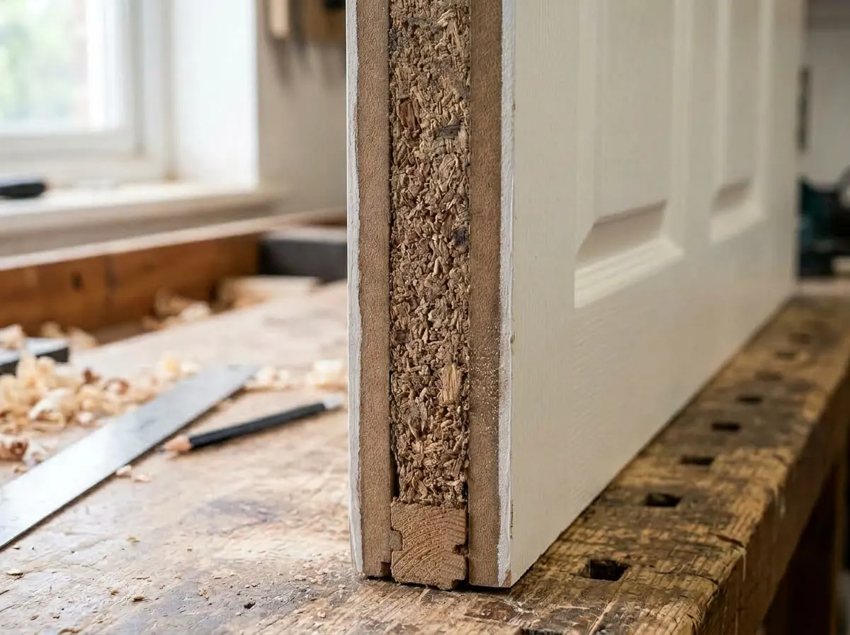 Cross section of a heavy solid core internal door showing dense particle board interior