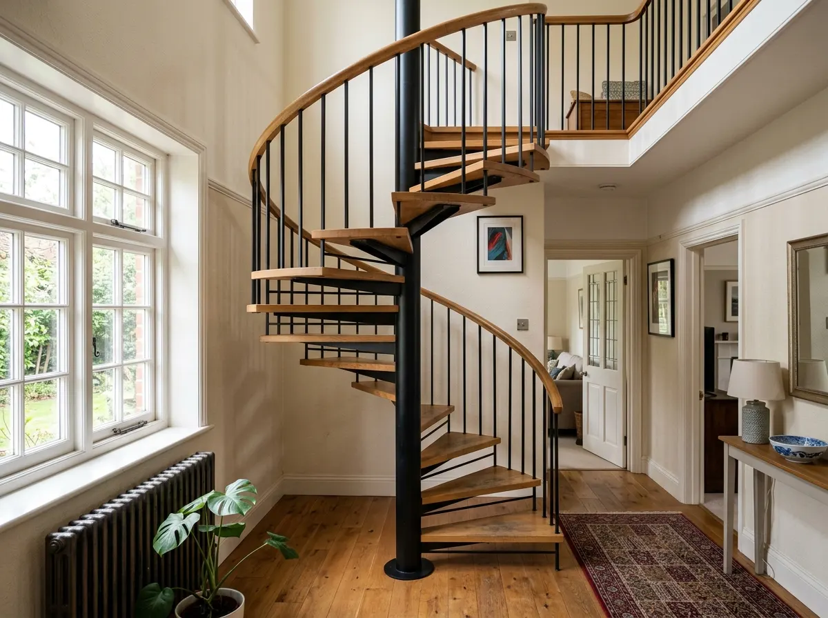 A modern metal and wood spiral staircase winding around a central pole