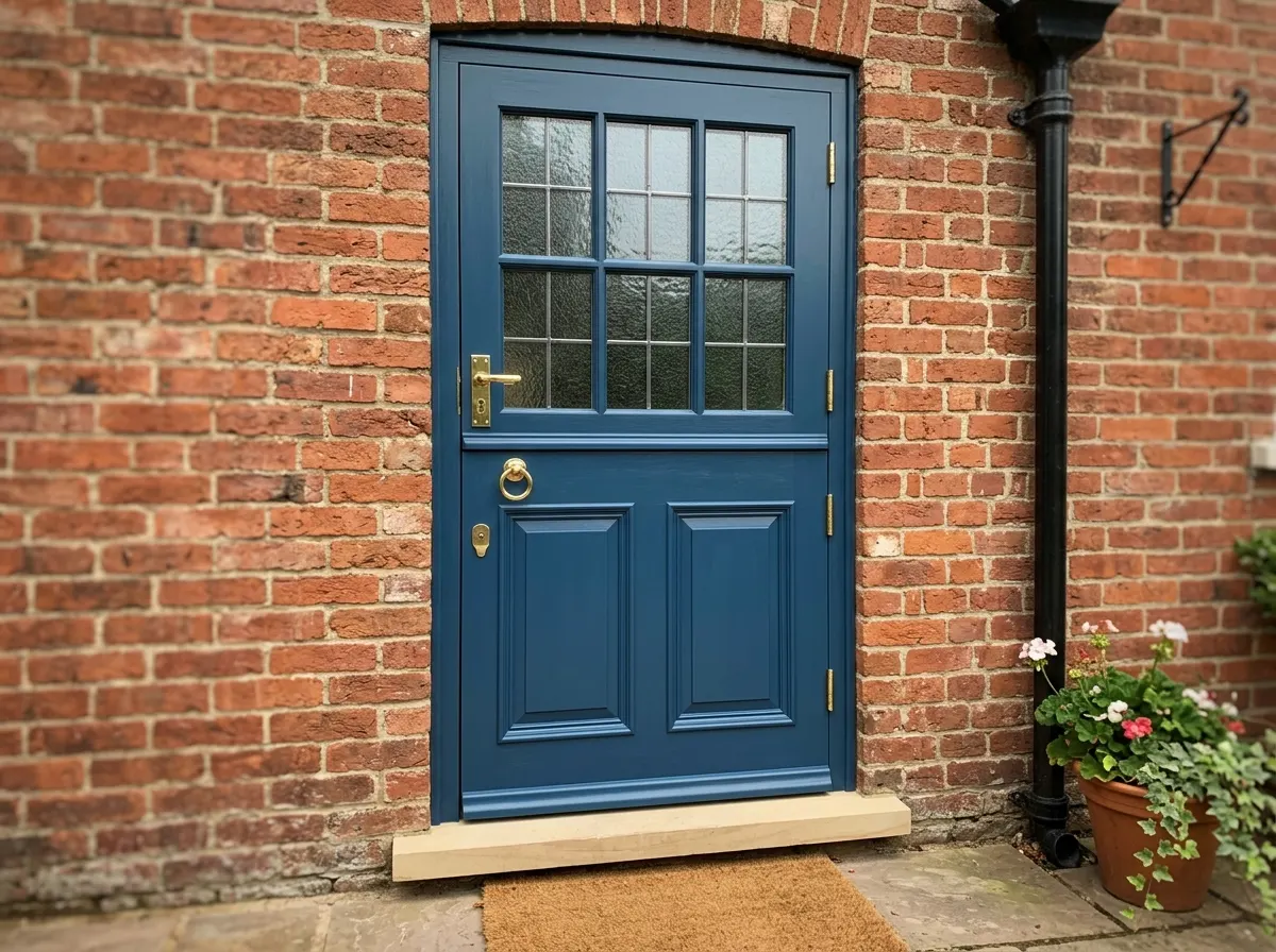 A traditional split stable door opening the top half independently while the bottom remains shut