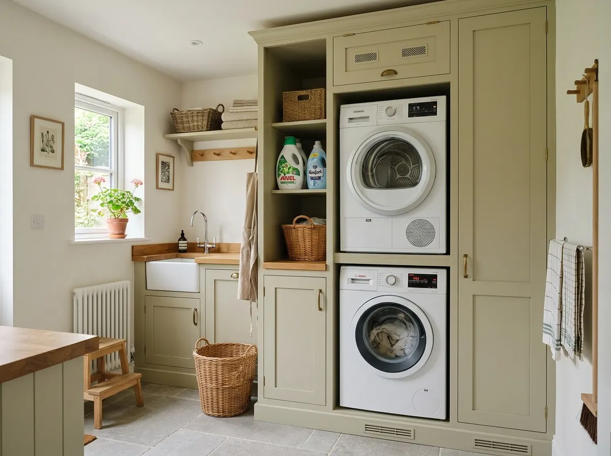 A washing machine and tumble dryer stacked vertically inside a tall custom cabinet