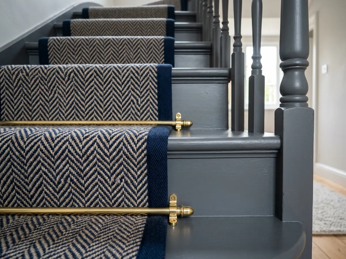A striped carpet runner secured with brass stair rods running down the centre of painted wooden stairs