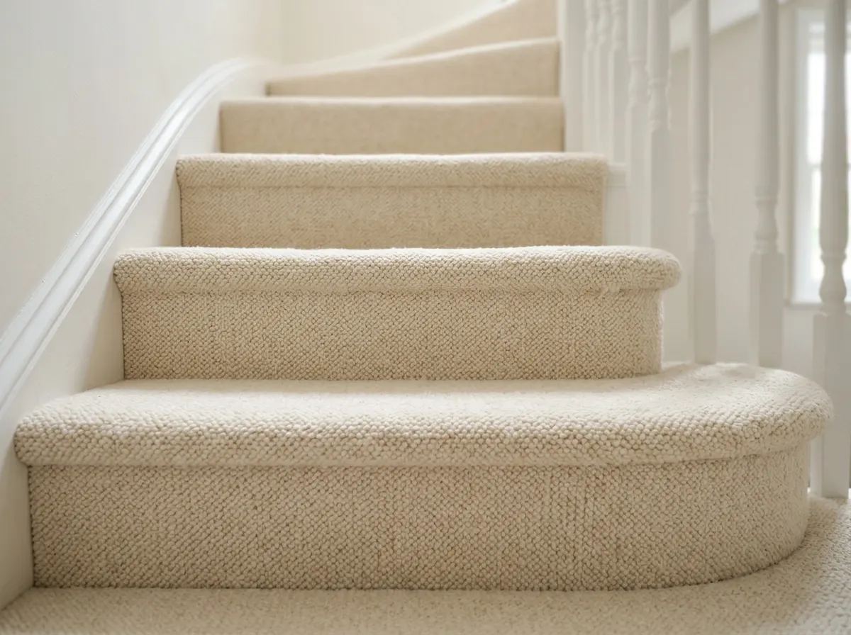 A completely carpeted staircase in a british home, traditional and made for comfort
