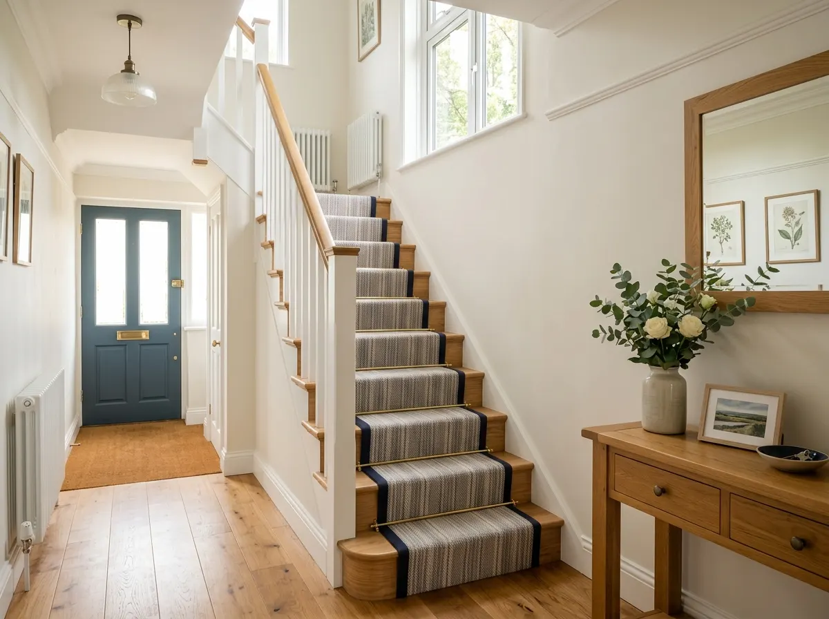 A modern bespoke oak staircase featuring frameless glass balustrades and integrated LED step lighting