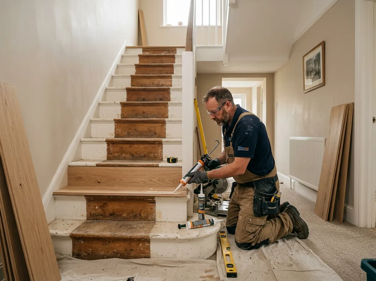 A carpenter bonding solid oak cladding treads over old pine stairs during a staircase renovation