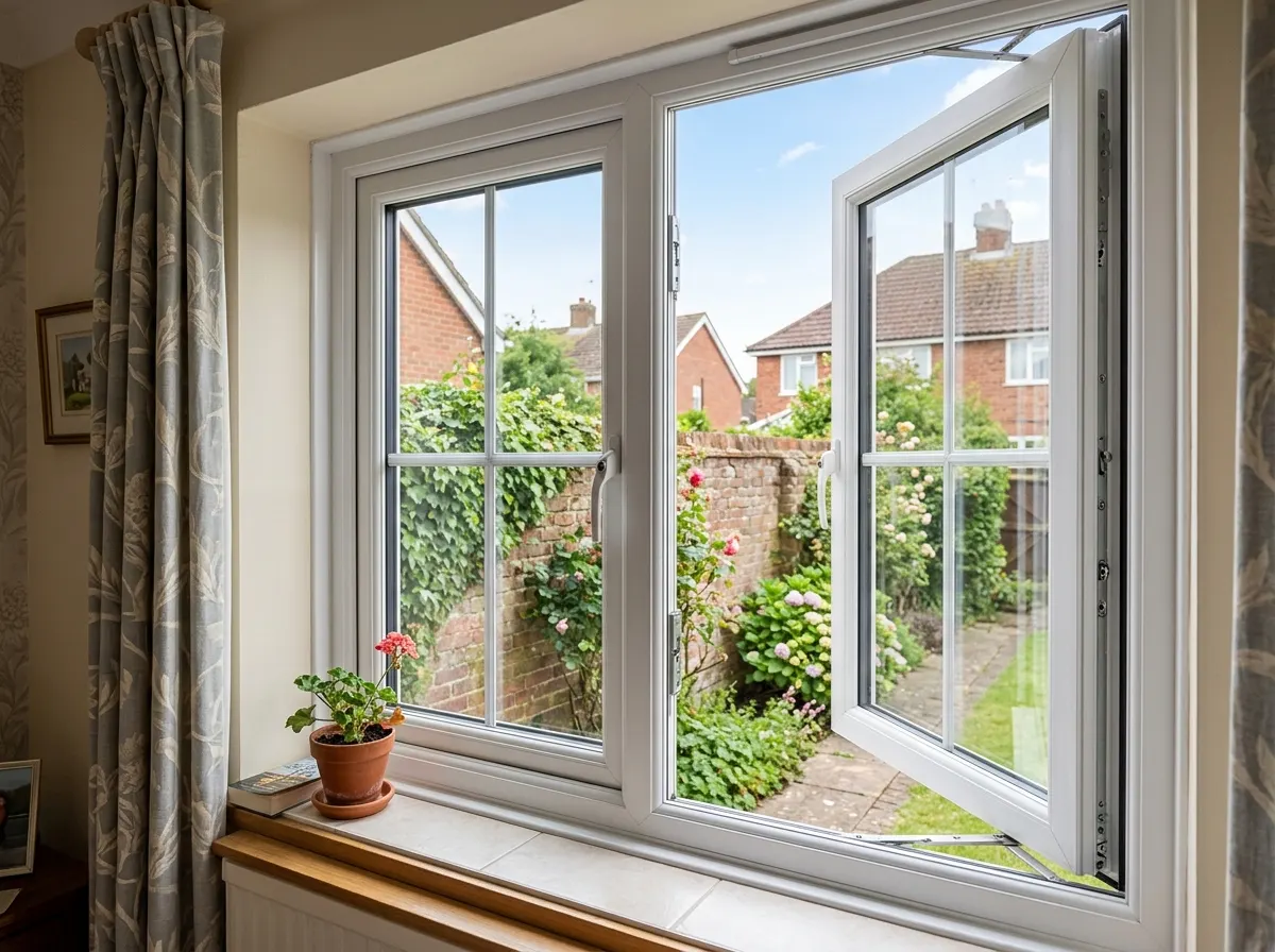 Standard white uPVC casement window opening outwards