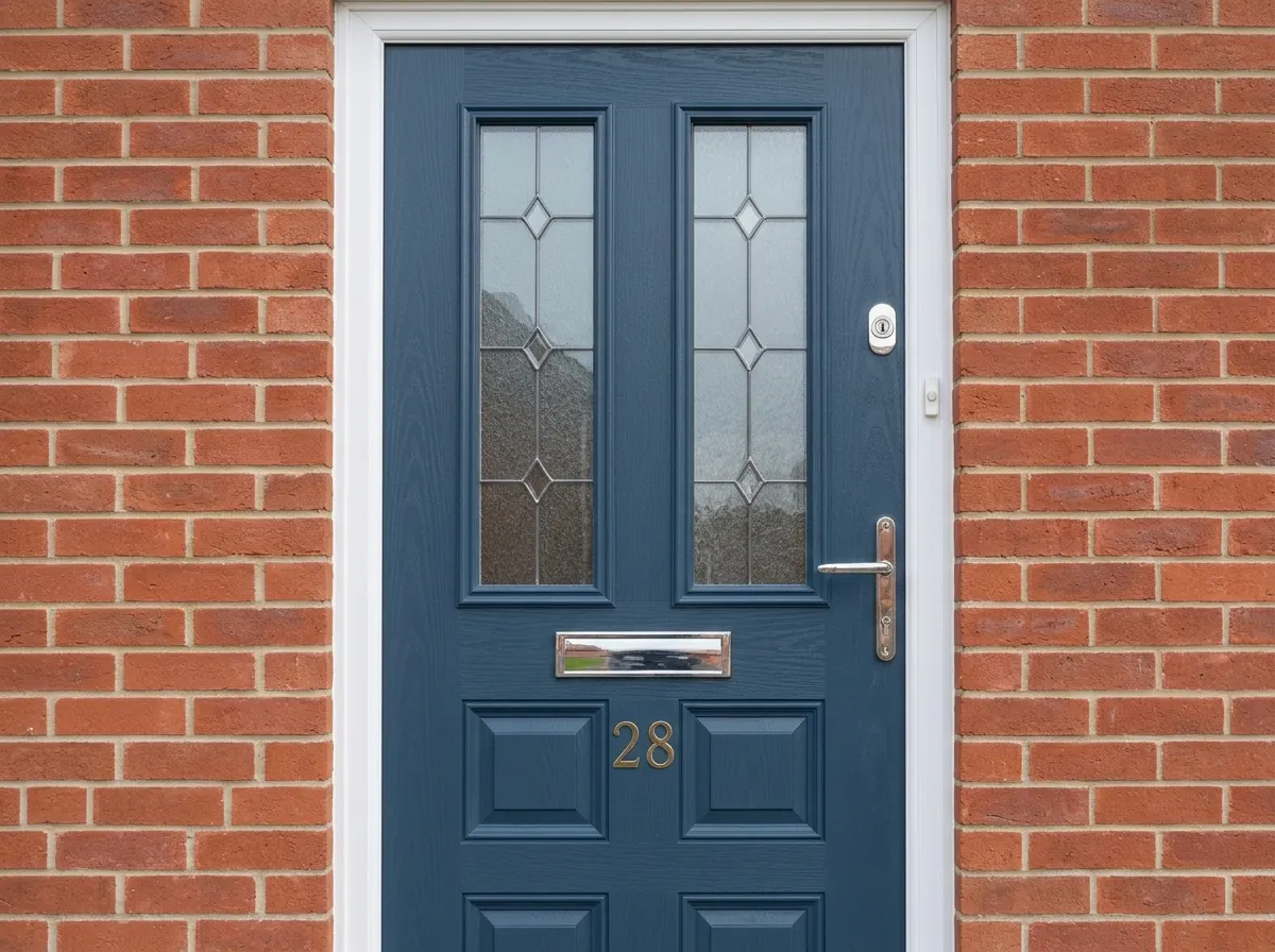 A standard robust composite front door with a chrome handle and letterbox