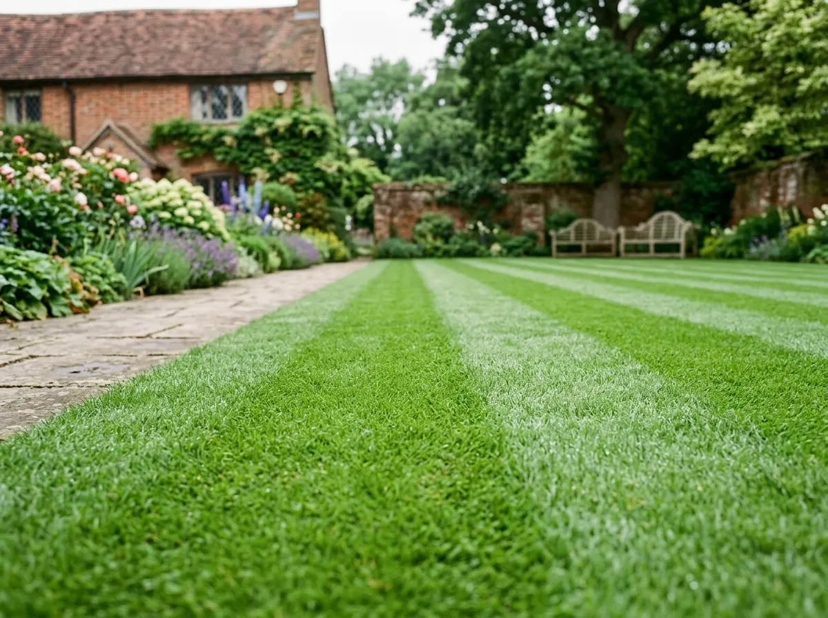 Freshly laid green lawn turf in a family garden