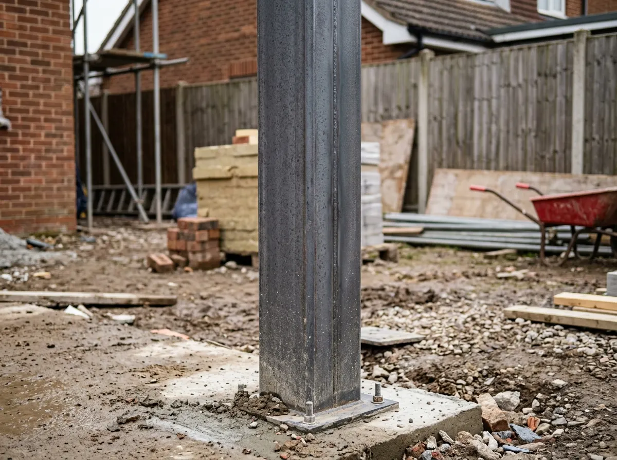 A complex steel box frame structure with vertical columns and a horizontal beam