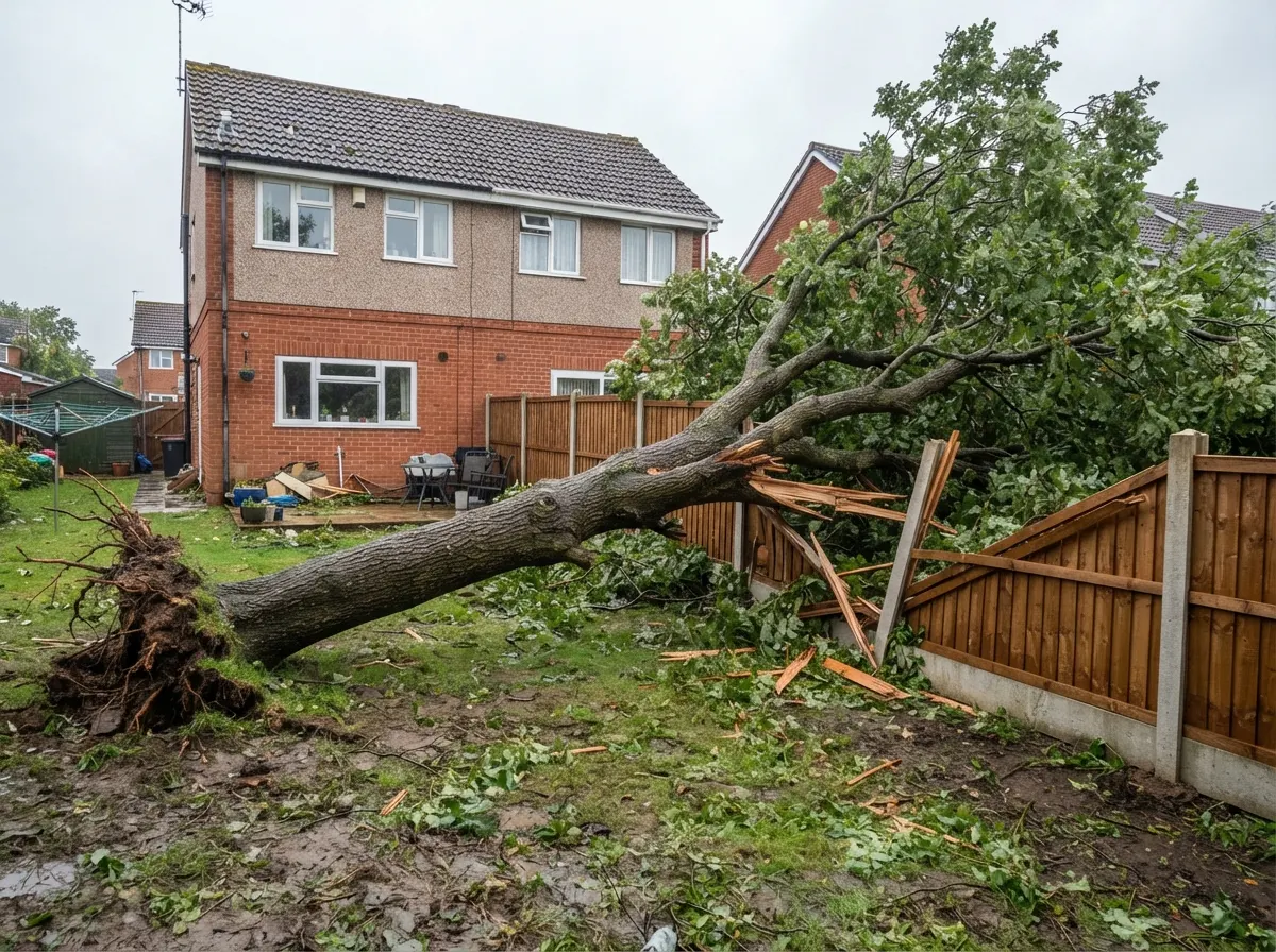 Fallen storm damaged tree resting on a roof
