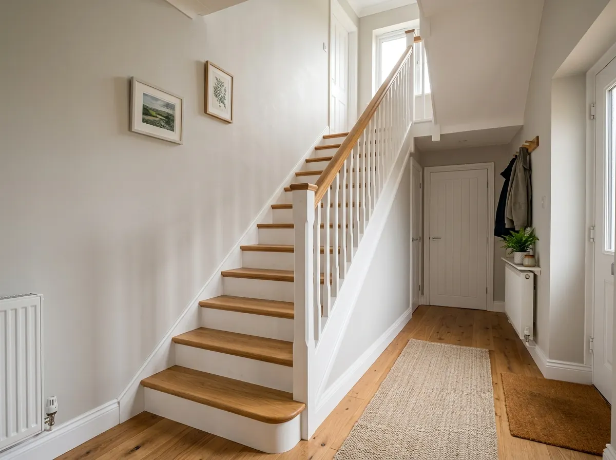 A standard straight flight of wooden stairs running against a hallway wall