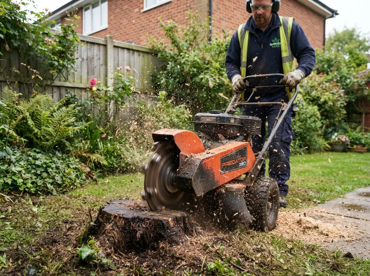Heavy duty stump grinder machine turning a tree stump into sawdust