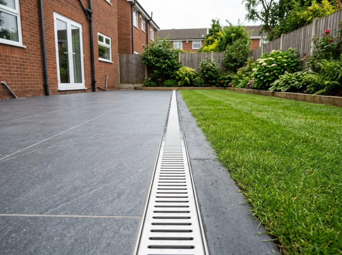 Groundworkers laying surface water drainage channels and pipes on a new block paved driveway