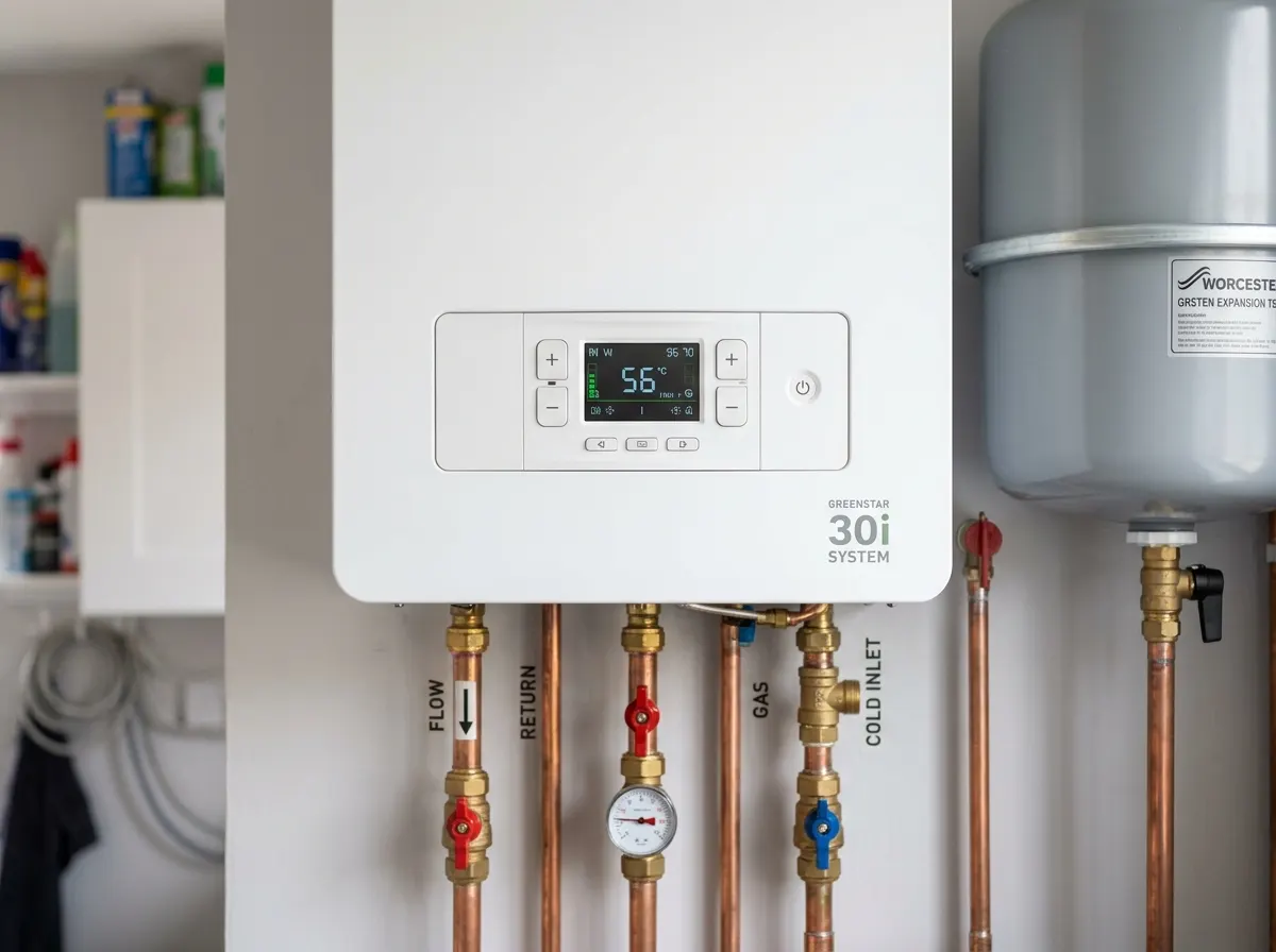 Wall hung system boiler installed next to an unvented hot water cylinder