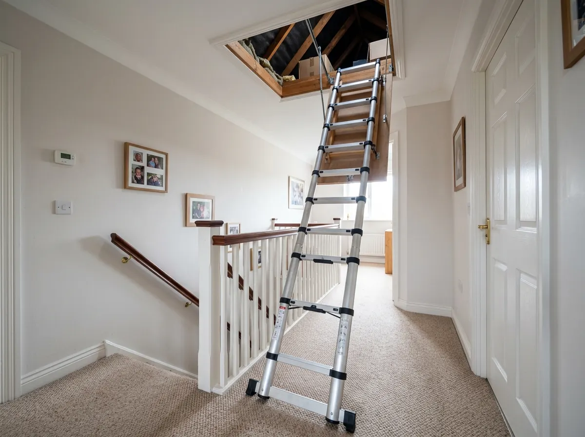 An aluminium telescopic loft ladder fully extended down from an attic space