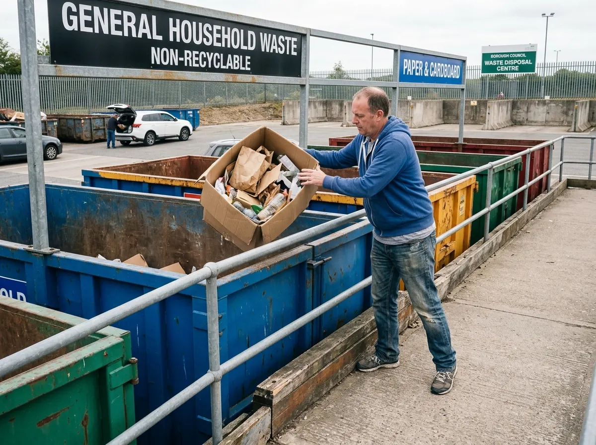 A homeowner unloading domestic renovation waste at a local council household waste recycling centre