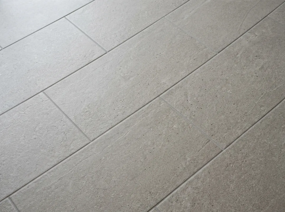 Large porcelain tiles being laid over an electric underfloor heating mat