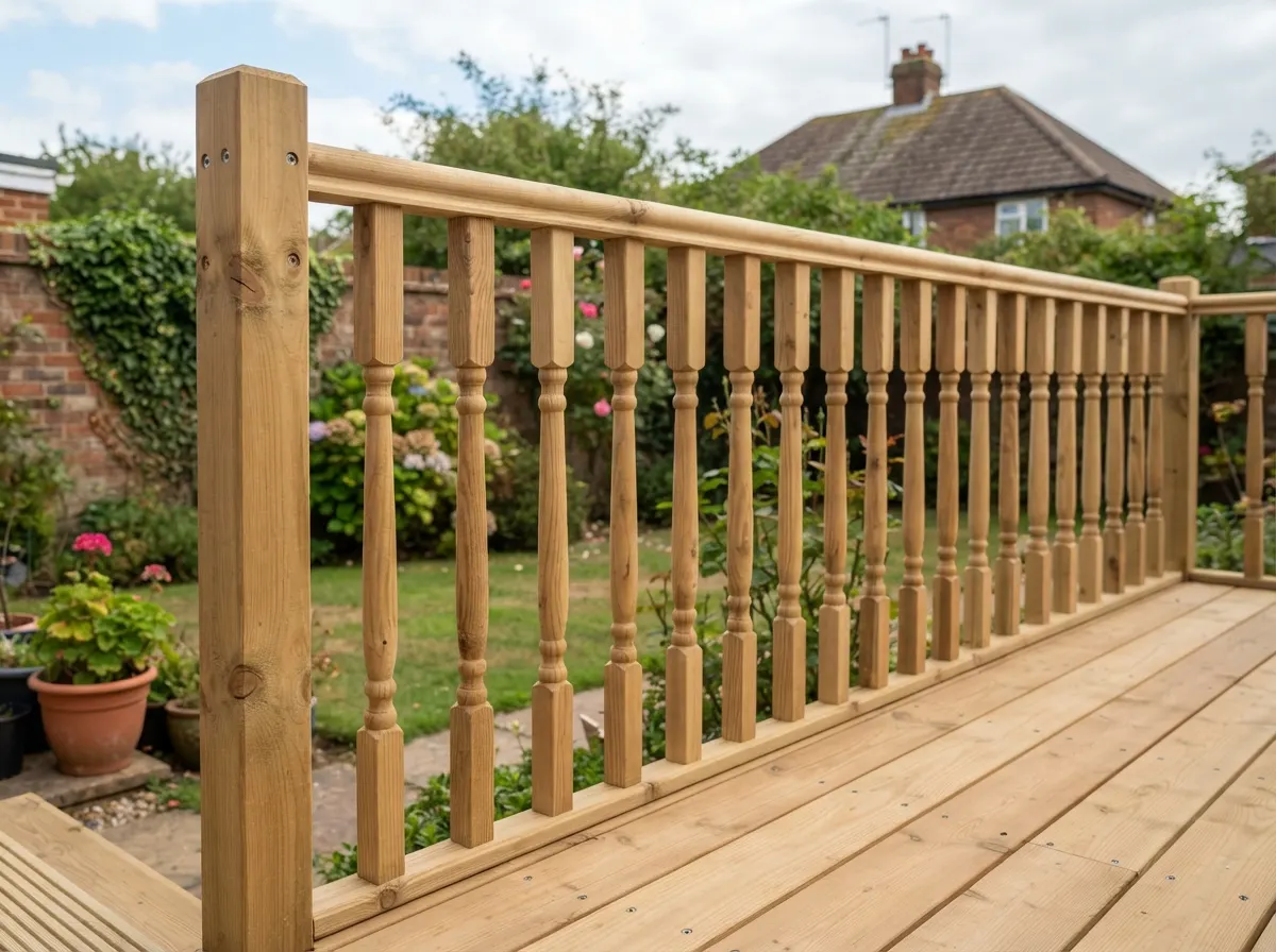 Traditional wooden decking spindles and handrails forming a safety barrier around a deck