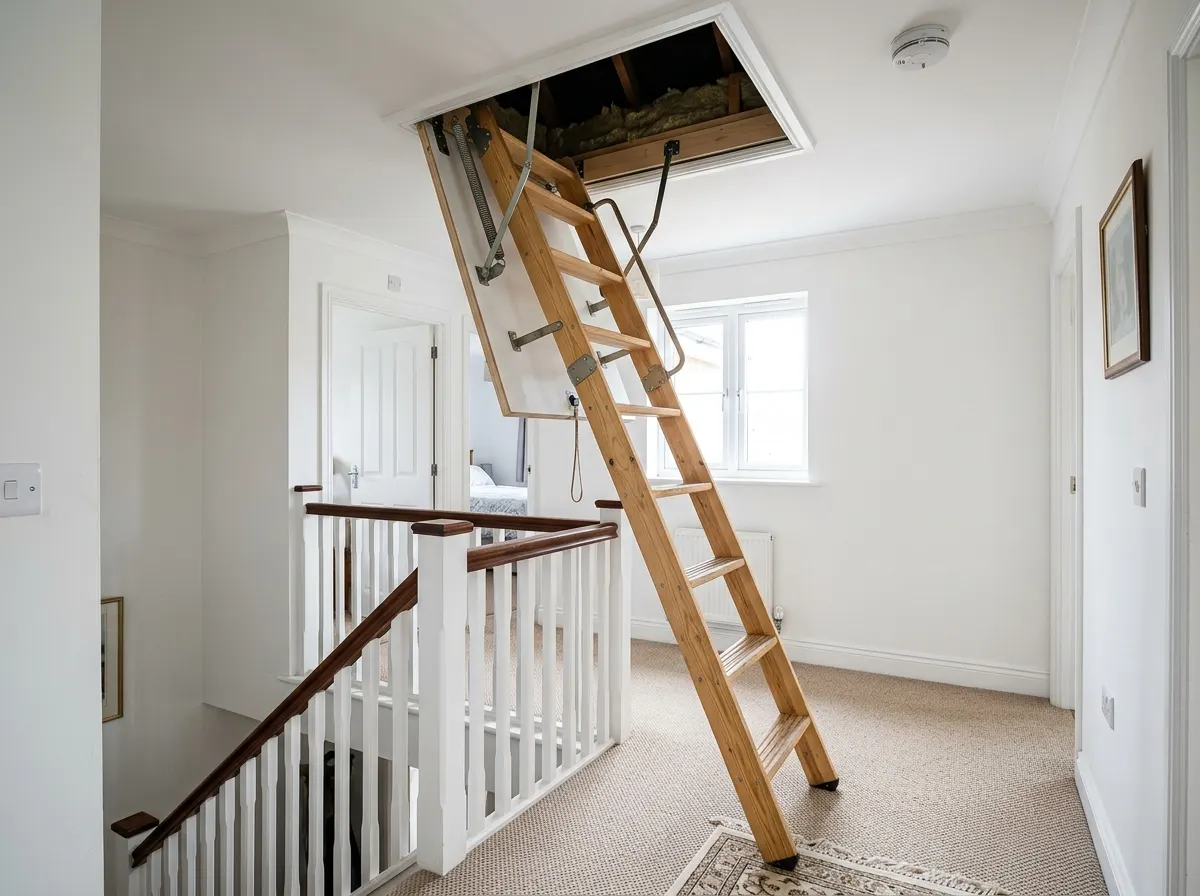 A premium wooden folding loft ladder attached to a white insulated hatch door