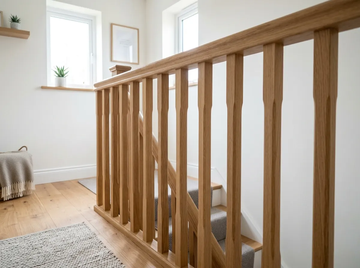 Traditional white painted turned timber spindles supporting a wooden handrail
