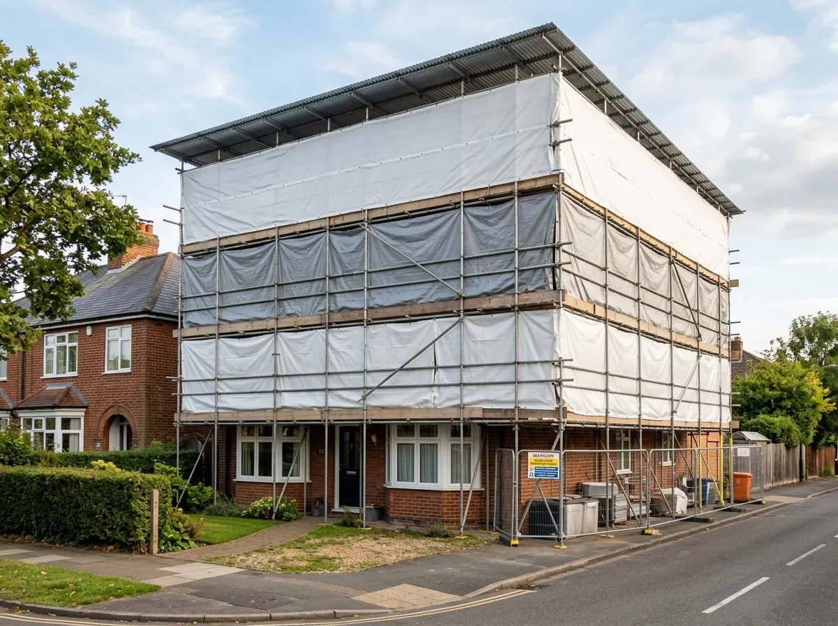 A corrugated iron tin hat temporary roof scaffolding structure