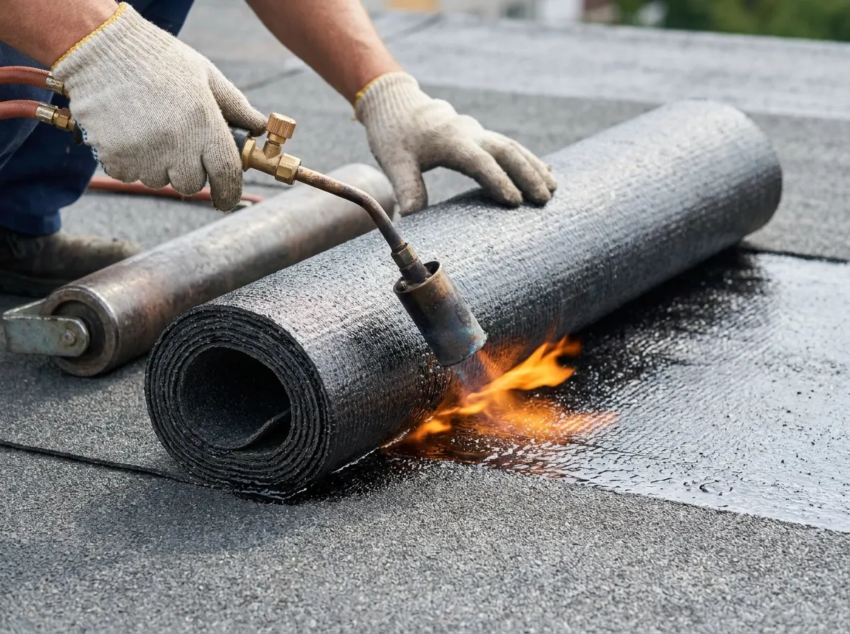 Roofer applying heat with a gas torch to roll out high performance SBS bitumen felt